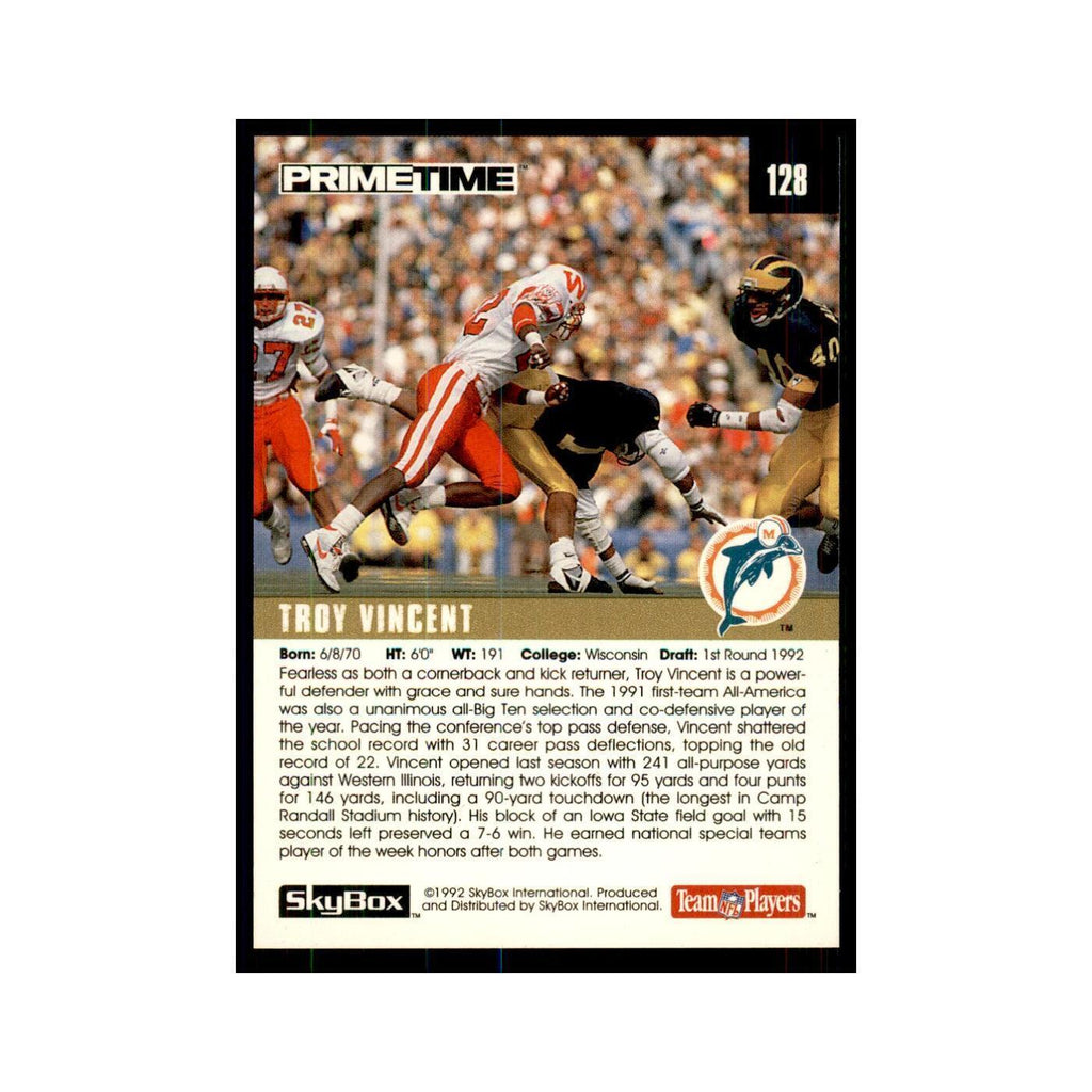 1992 SkyBox Primetime Troy Vincent RC Dolphins #128