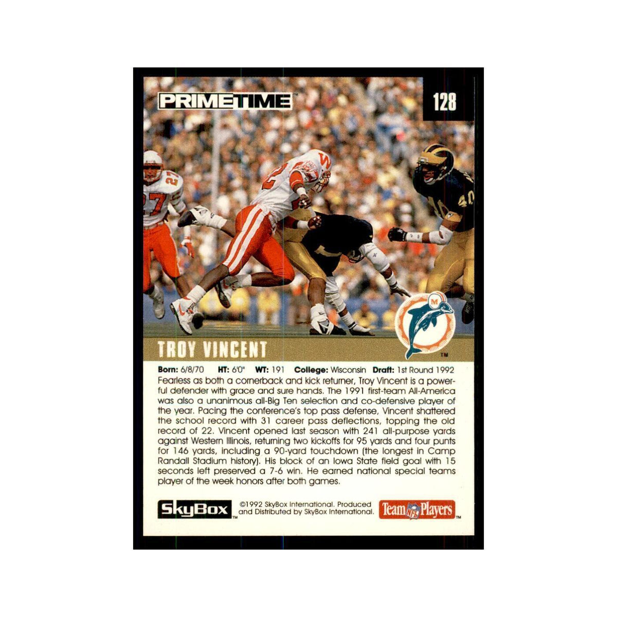 1992 SkyBox Primetime Troy Vincent RC Dolphins #128