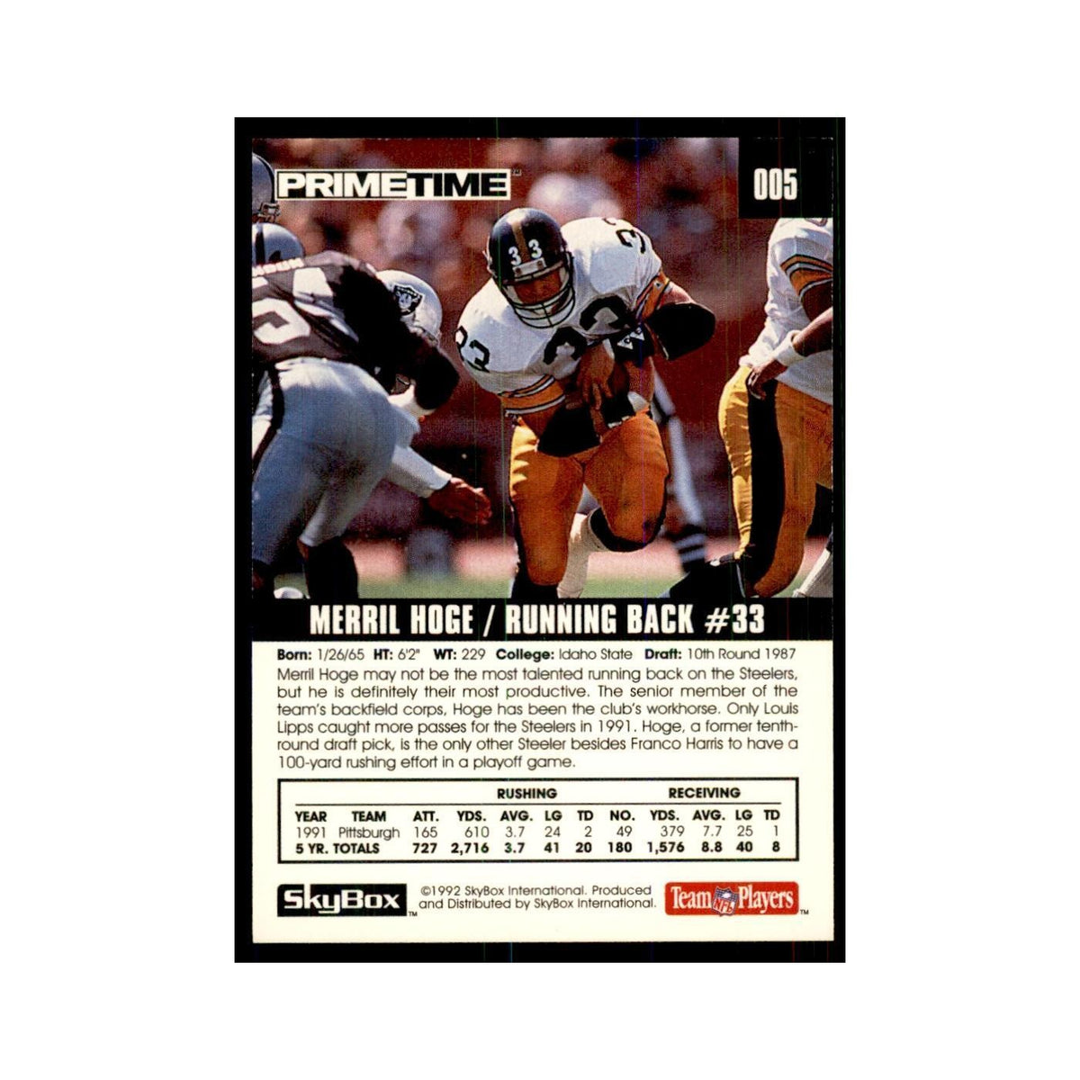 1992 SkyBox Primetime Merril Hoge Steelers #005