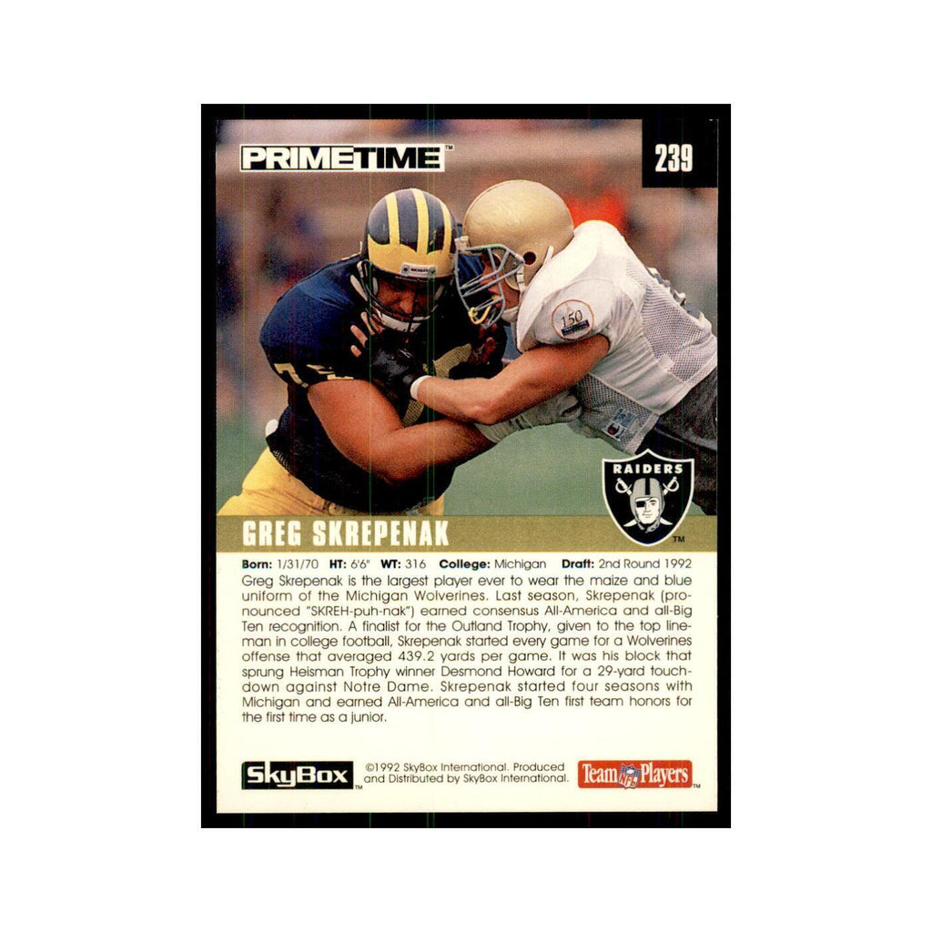 1992 SkyBox Primetime Greg Skrepenak RC Los Angeles Raiders #239