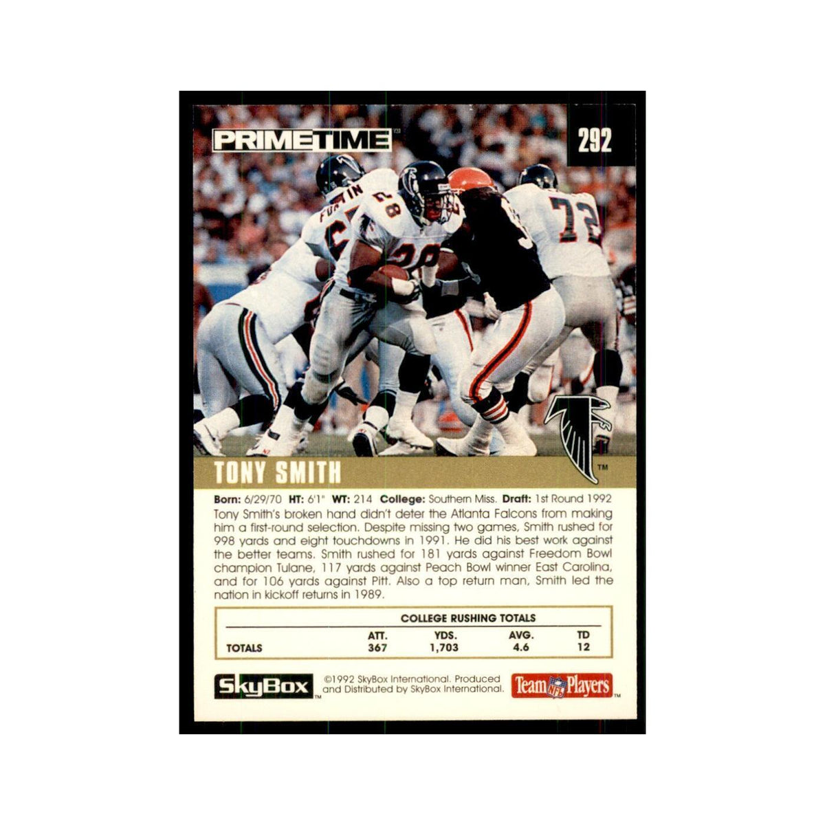 1992 SkyBox Primetime Tony Smith RC Falcons #292