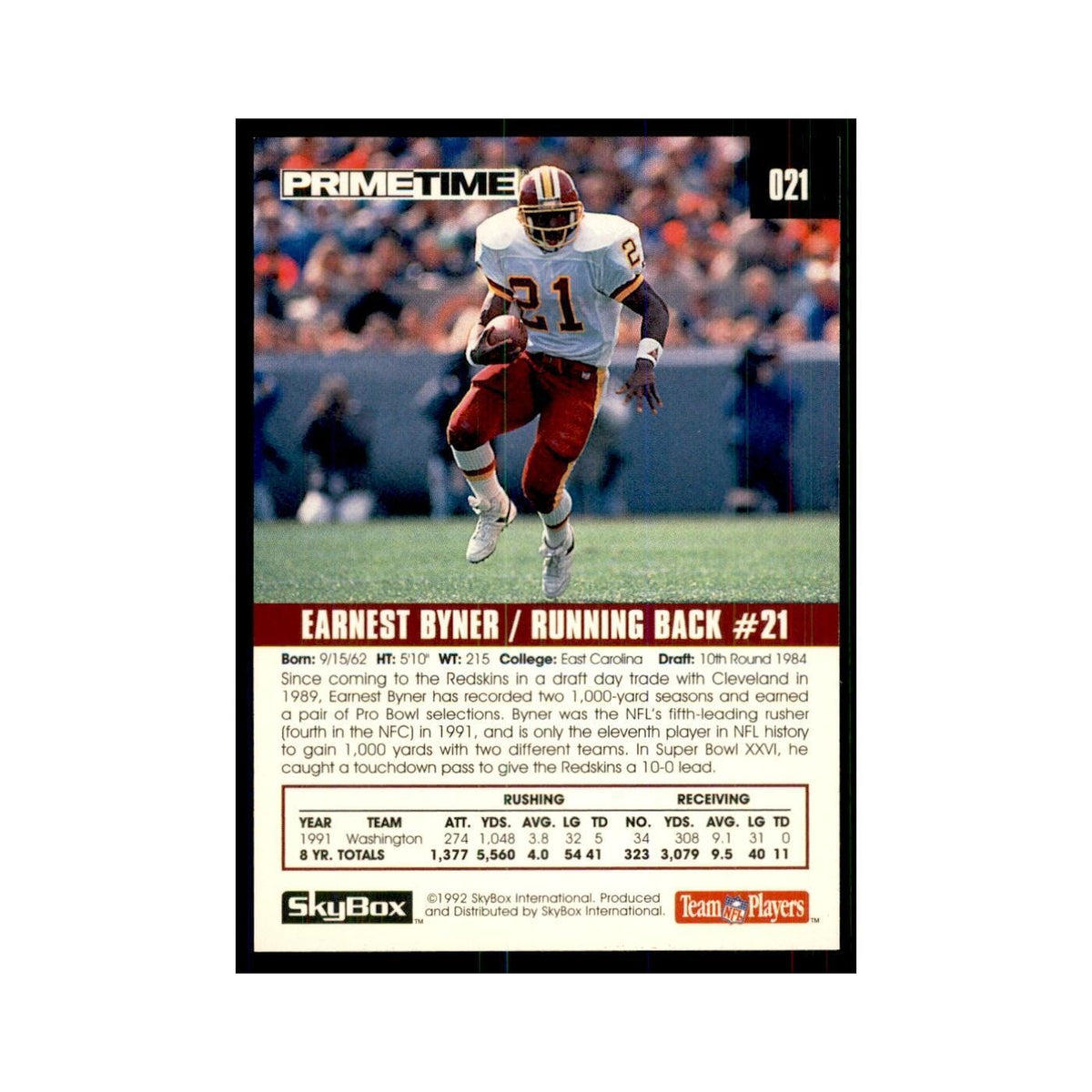 1992 SkyBox Primetime Earnest Byner Redskins #021