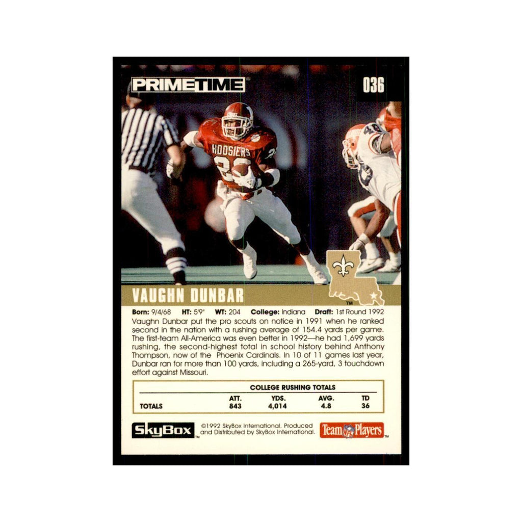 1992 SkyBox Primetime Vaughn Dunbar RC Saints #036