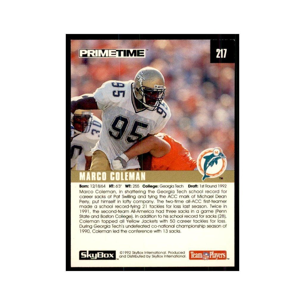 1992 SkyBox Primetime Marco Coleman RC Dolphins #217
