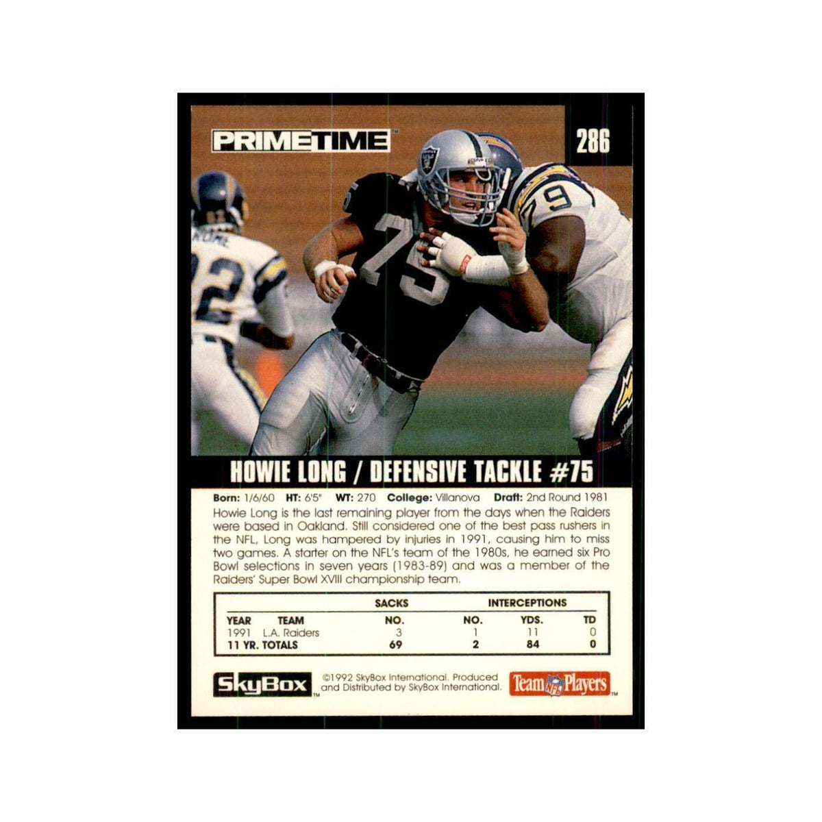 1992 SkyBox Primetime Howie Long Los Angeles Raiders #286