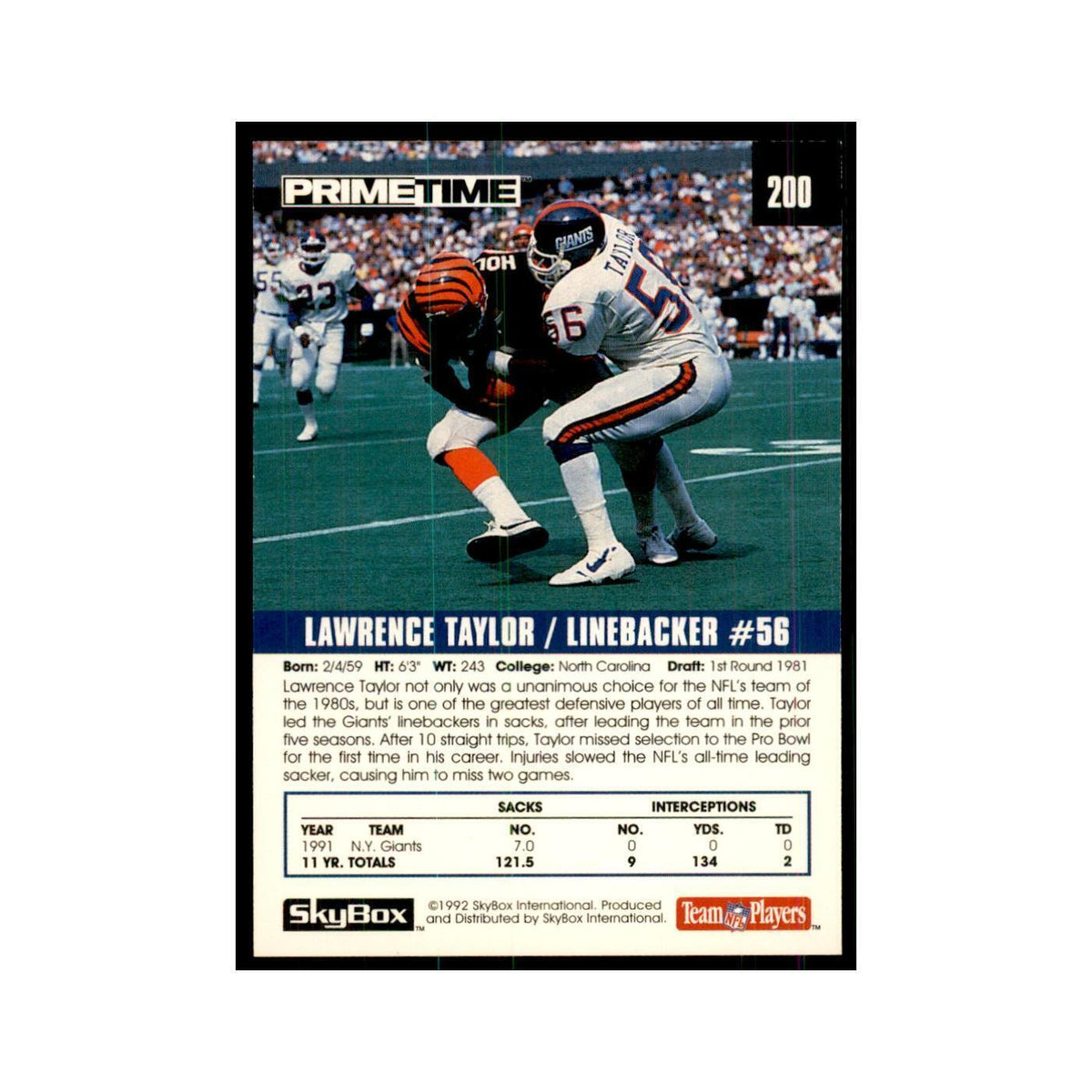 1992 SkyBox Primetime Lawrence Taylor Giants #200