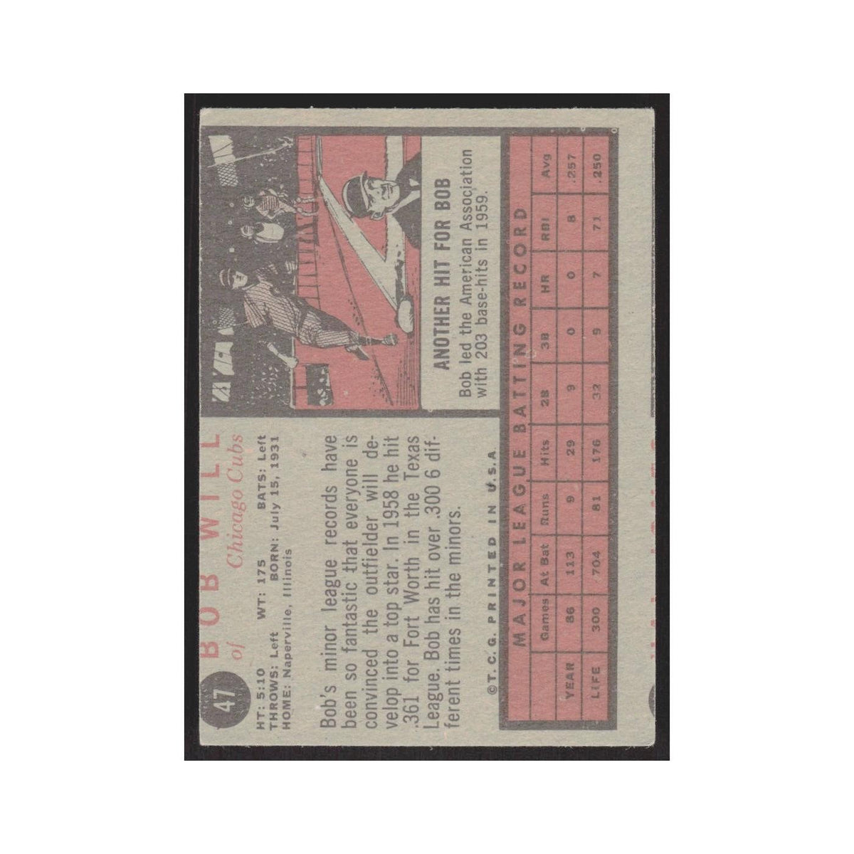 1962 Topps (damaged) Bob Will Cubs #47