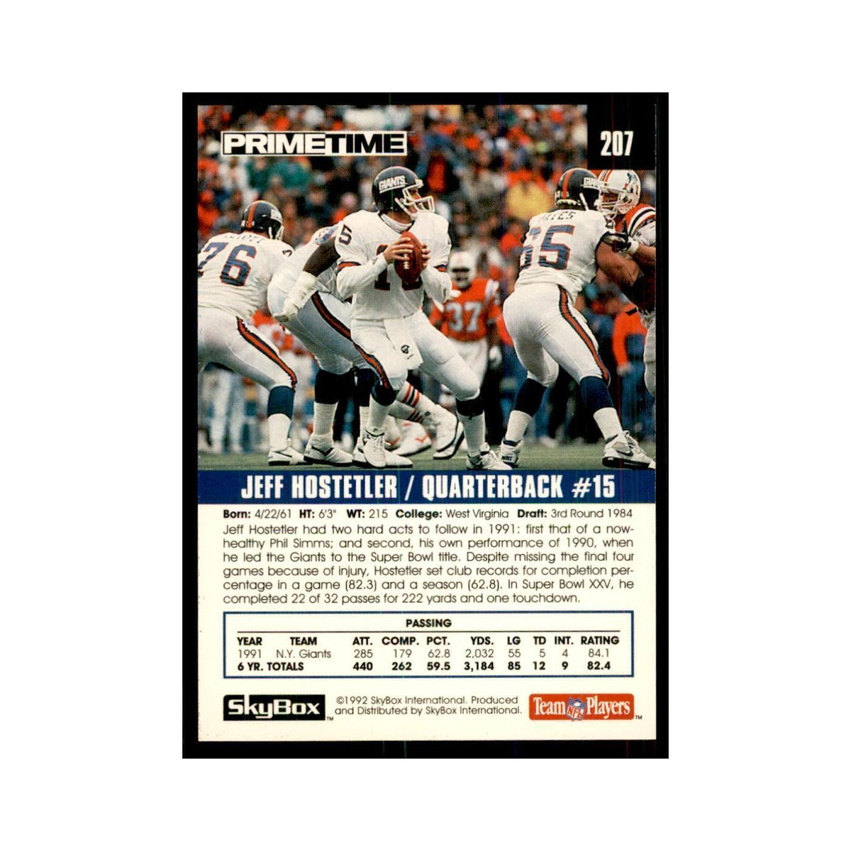 1992 SkyBox Primetime Jeff Hostetler Giants #207
