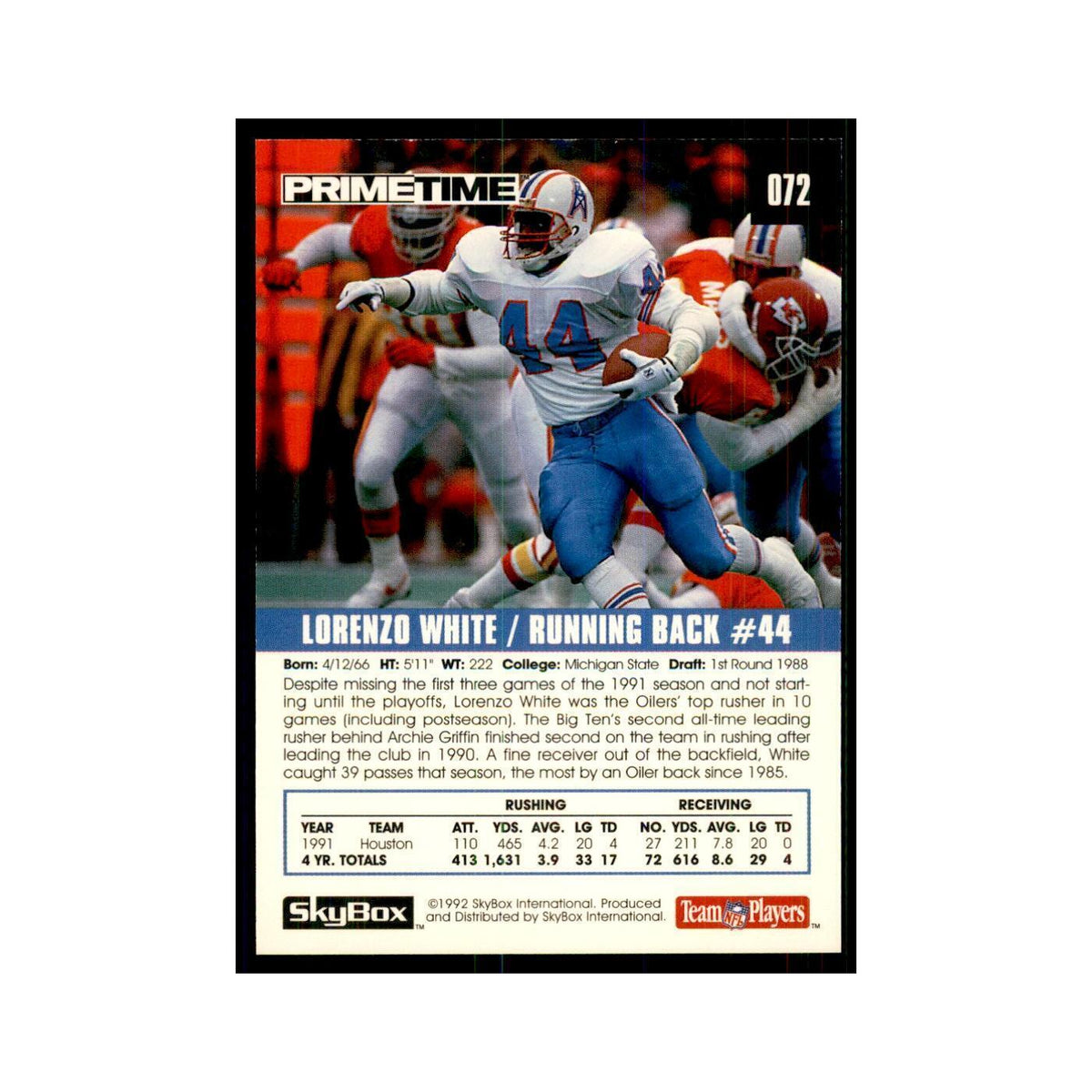 1992 SkyBox Primetime Lorenzo White Houston Oilers #72