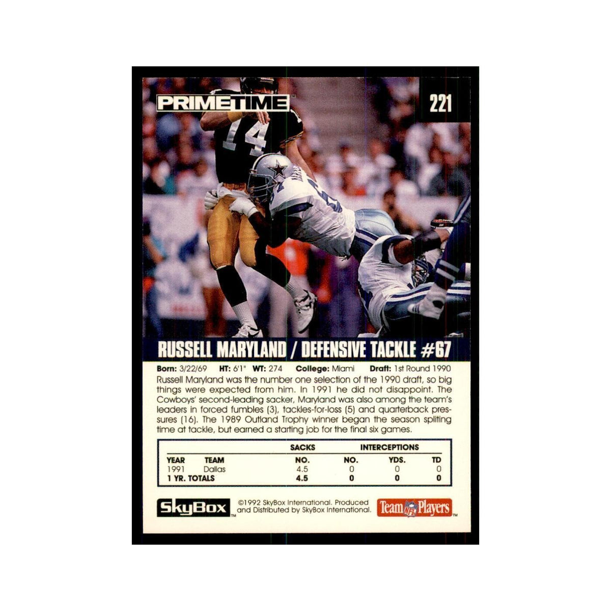 1992 SkyBox Primetime Russell Maryland Cowboys #221