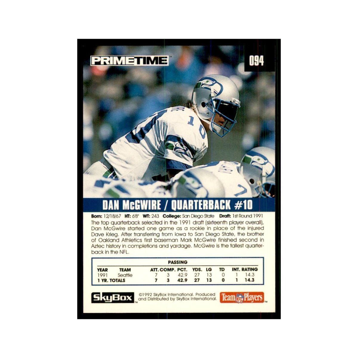 1992 SkyBox Primetime Dan McGwire Seahawks #94