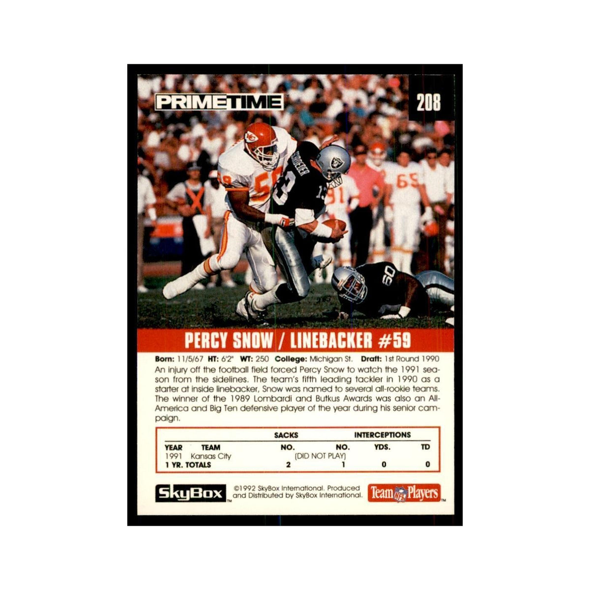 1992 SkyBox Primetime Percy Snow Chiefs #208