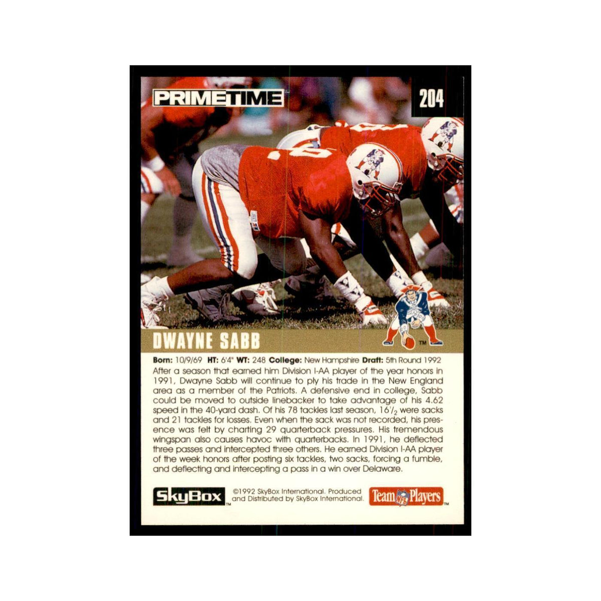 1992 SkyBox Primetime Dwayne Sabb RC Patriots #204