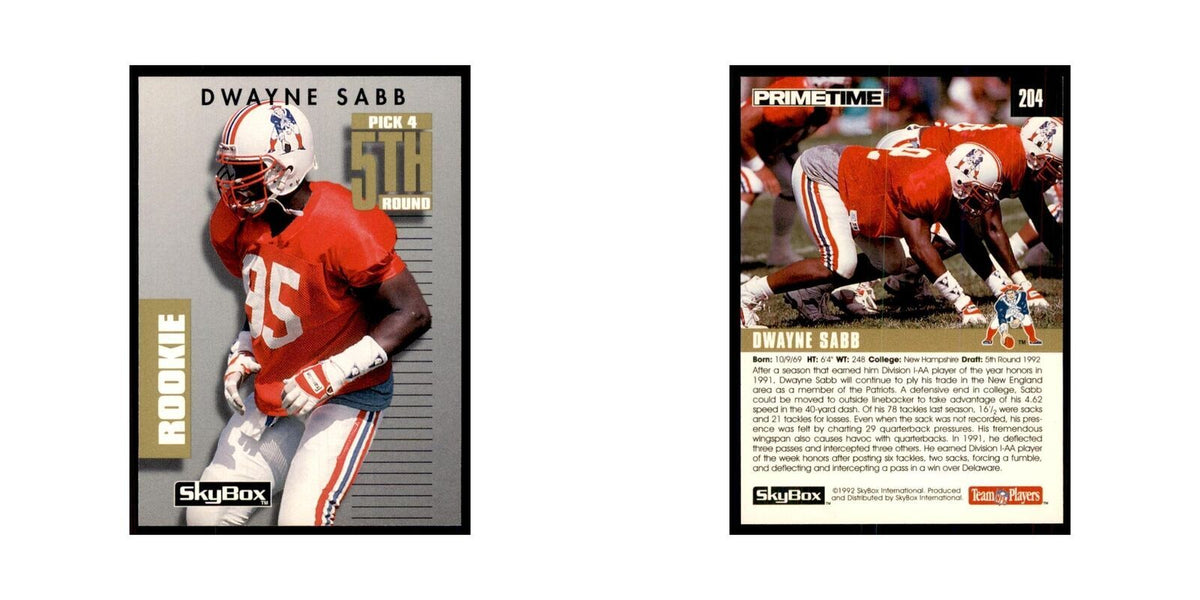 1992 SkyBox Primetime Dwayne Sabb RC Patriots #204