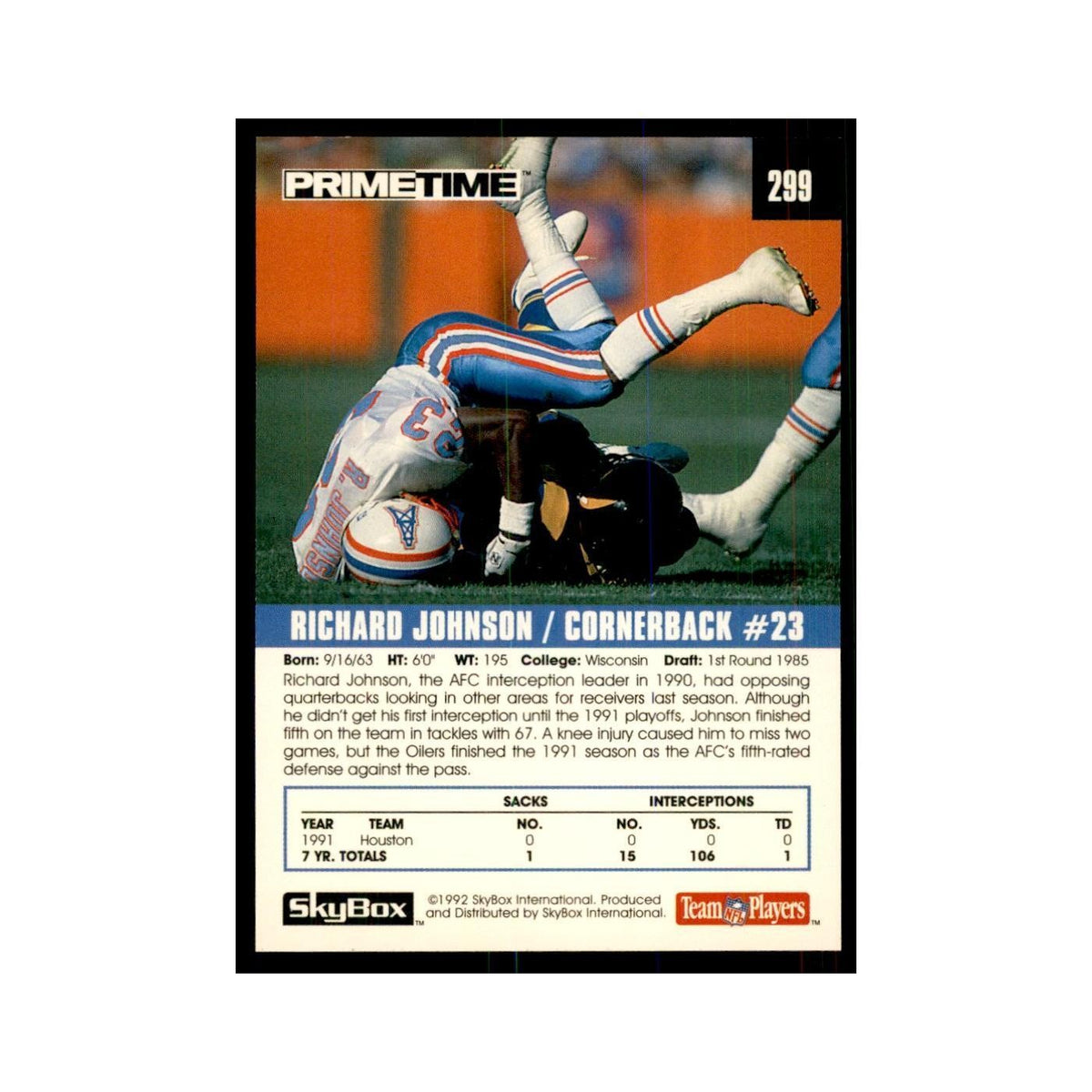 1992 SkyBox Primetime Richard Johnson Houston Oilers #299