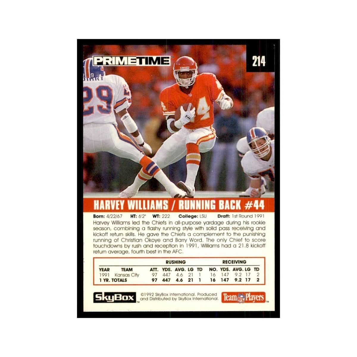1992 SkyBox Primetime Harvey Williams Chiefs #214