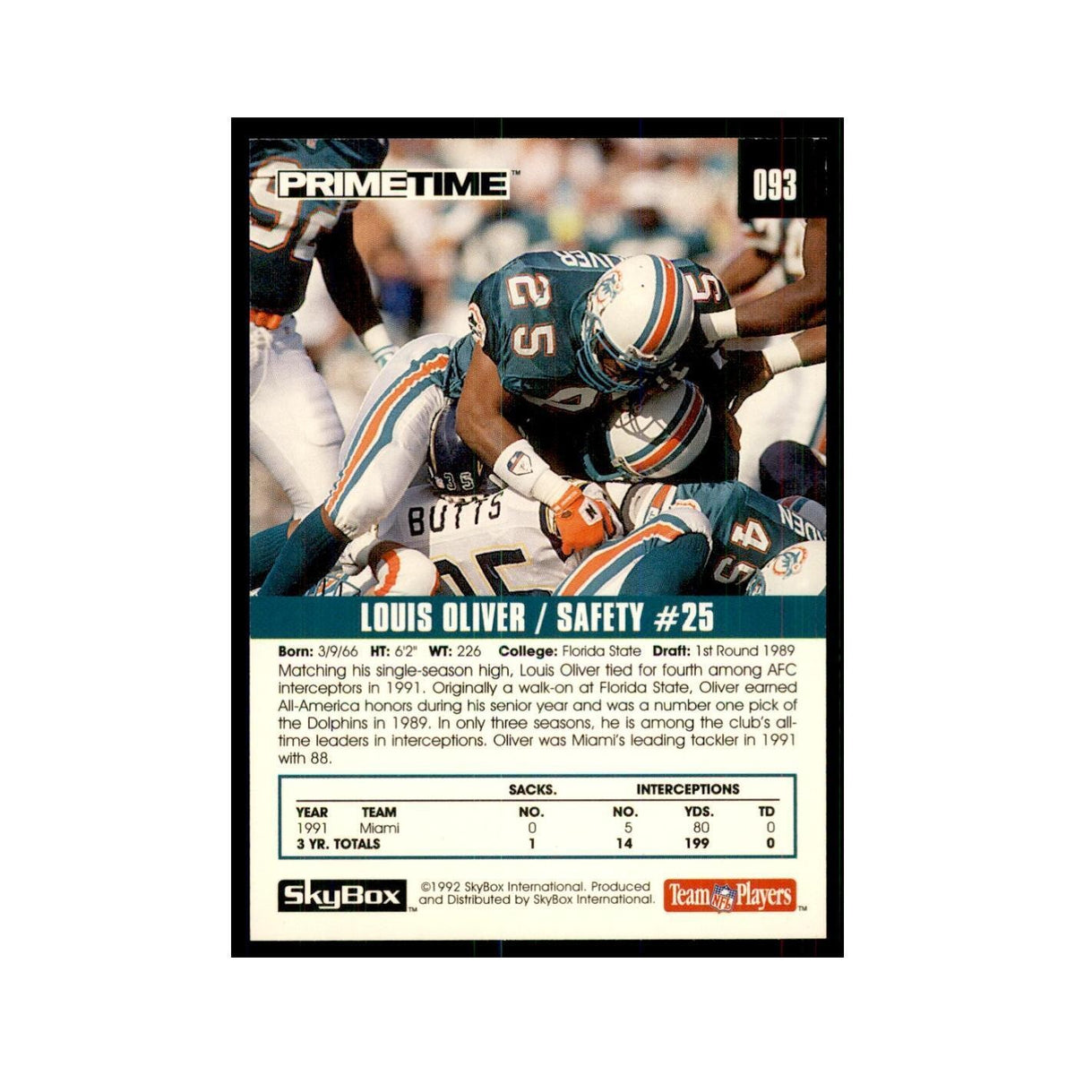 1992 SkyBox Primetime Louis Oliver Dolphins #93