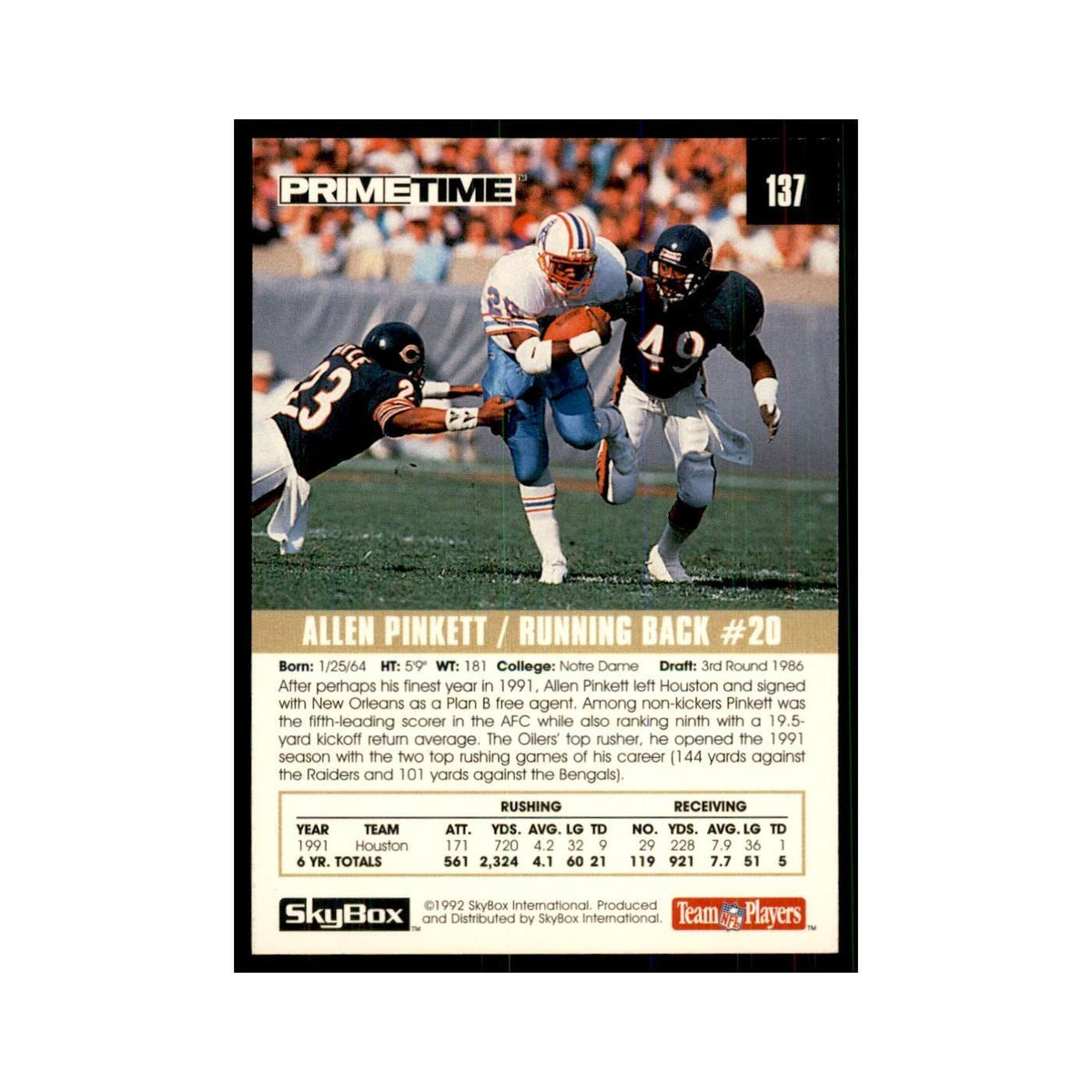 1992 SkyBox Primetime Allen Pinkett Saints #137