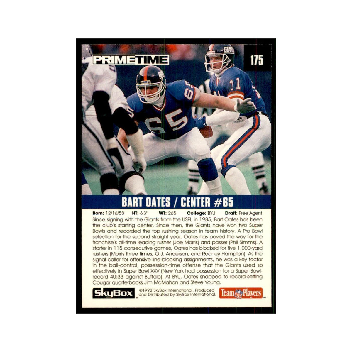1992 SkyBox Primetime Bart Oates Giants #175
