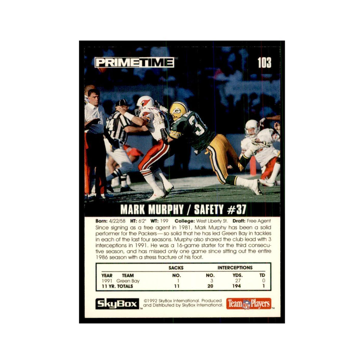 1992 SkyBox Primetime Mark Murphy Packers #103