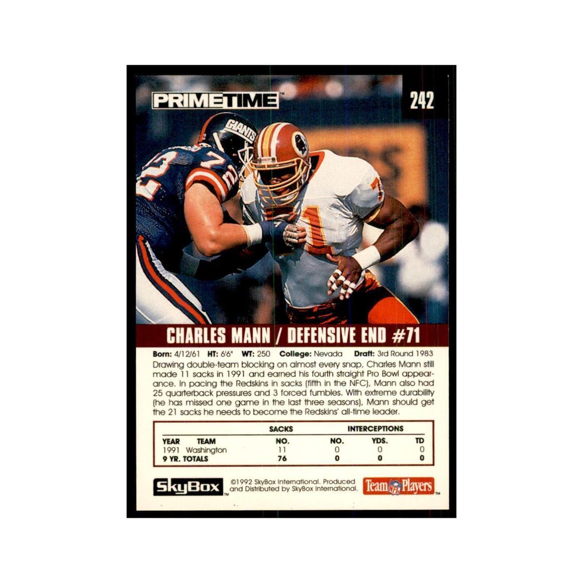 1992 SkyBox Primetime Charles Mann Redskins #242