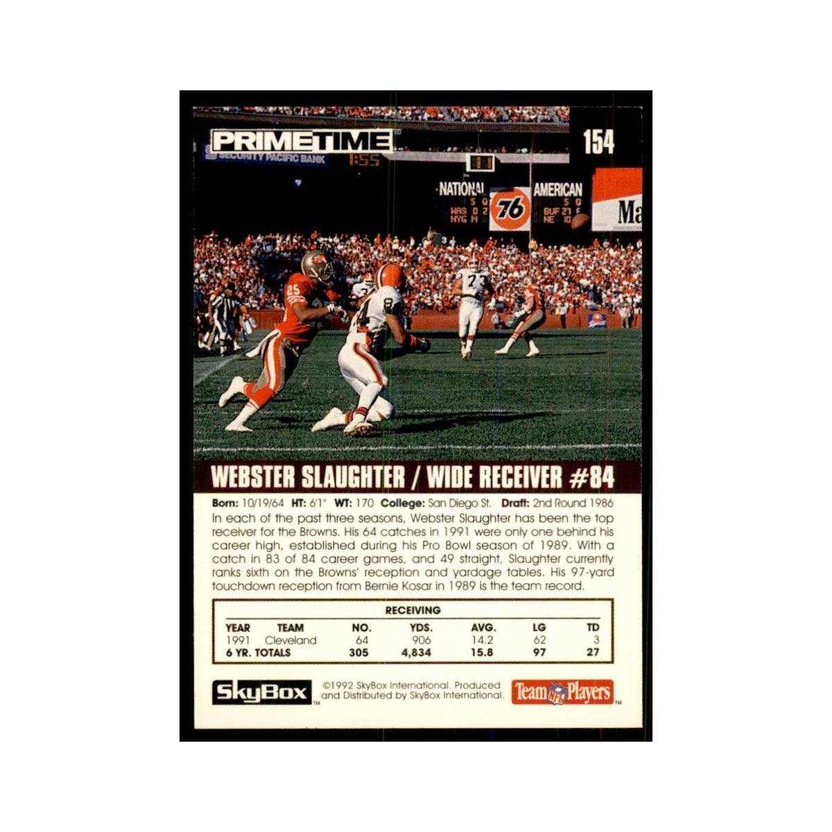 1992 SkyBox Primetime Webster Slaughter Browns #154