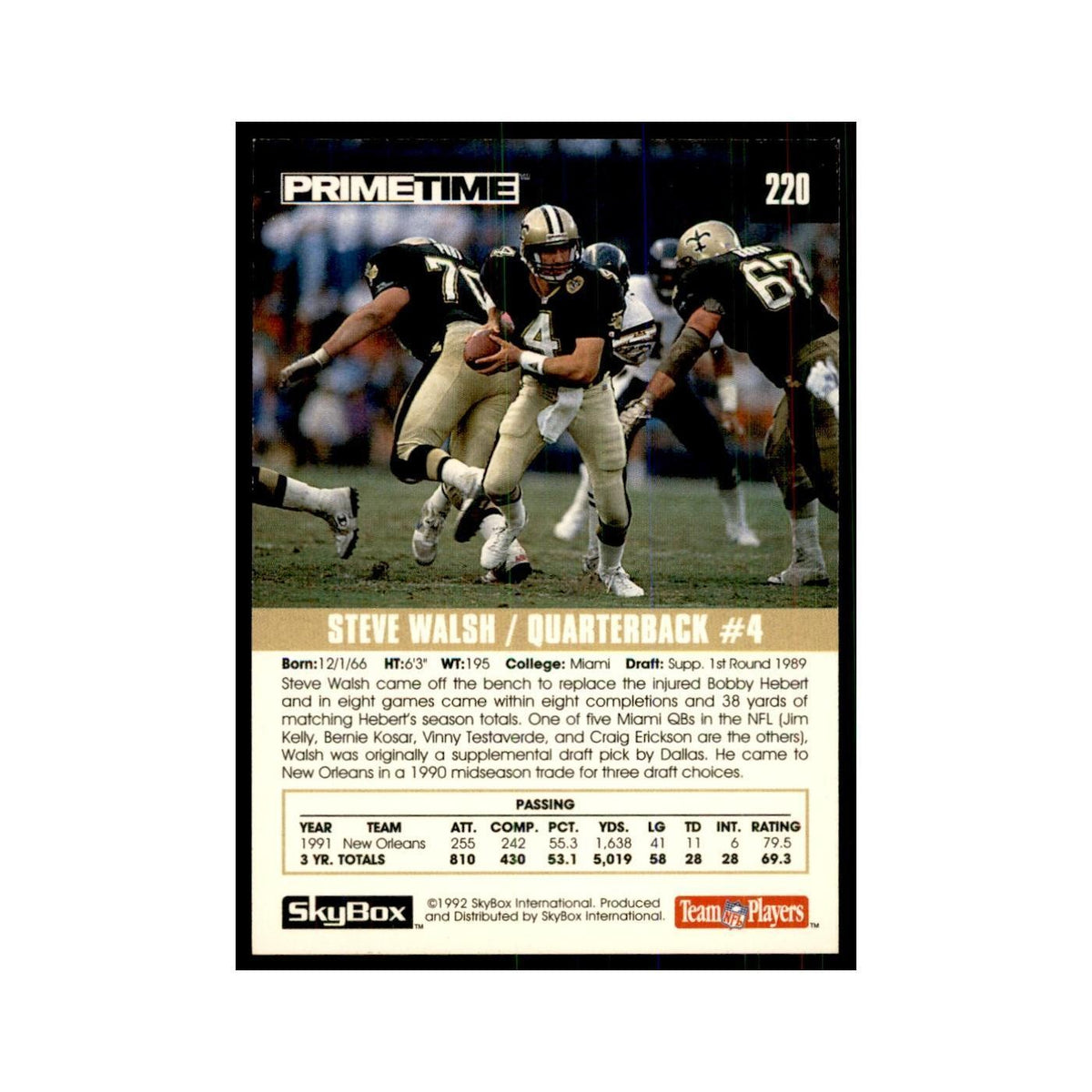1992 SkyBox Primetime Steve Walsh Saints #220