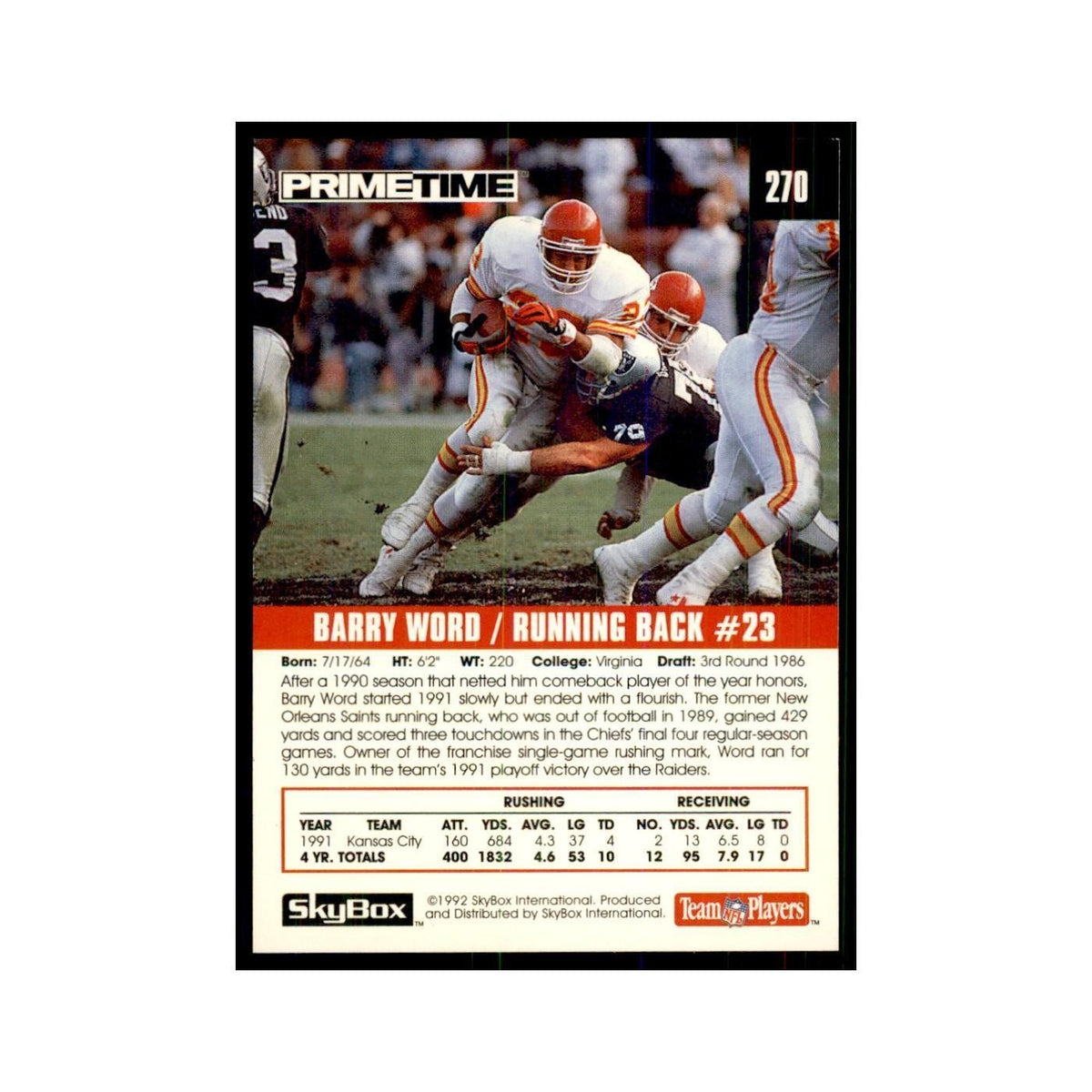 1992 SkyBox Primetime Barry Word Chiefs #270