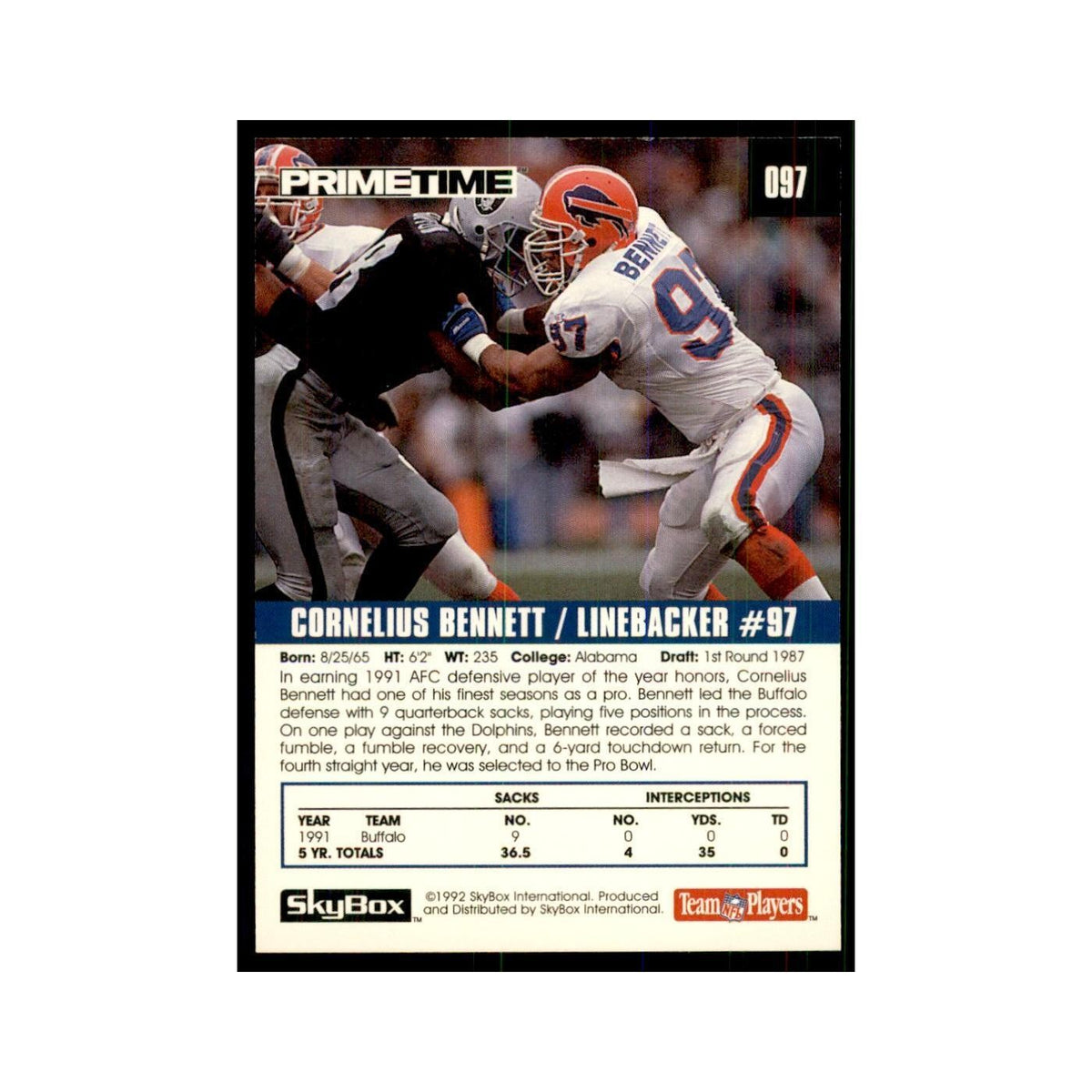 1992 SkyBox Primetime Cornelius Bennett Bills #97