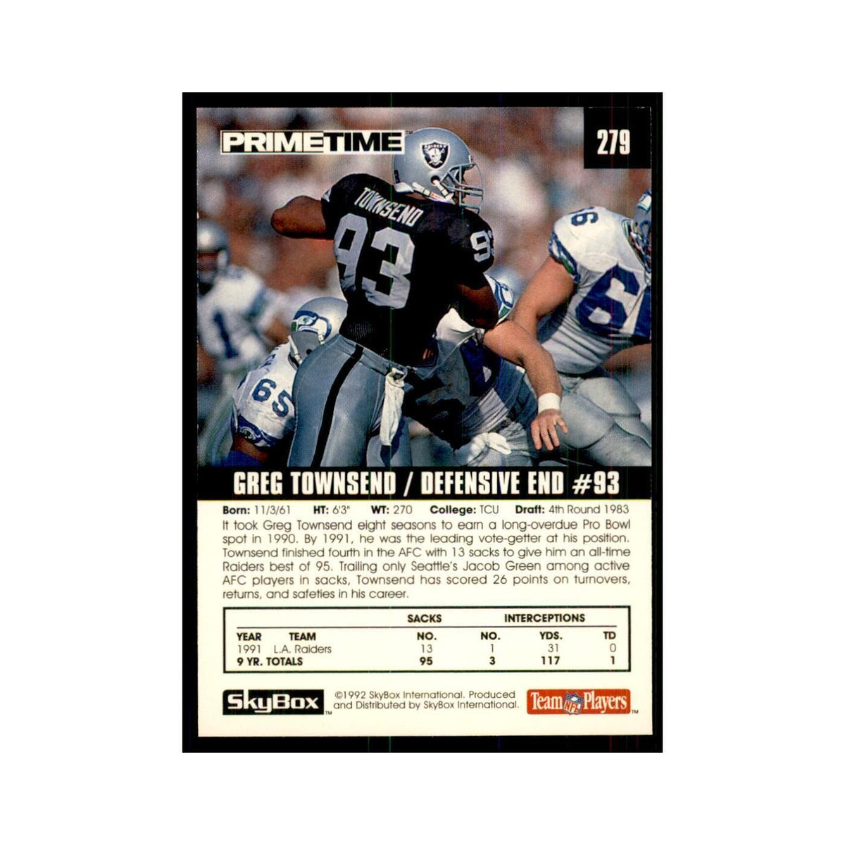 1992 SkyBox Primetime Greg Townsend Los Angeles Raiders #279