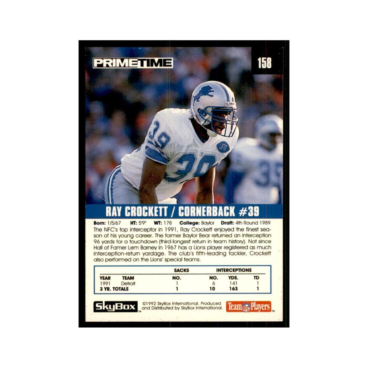 1992 SkyBox Primetime Ray Crockett Lions #158