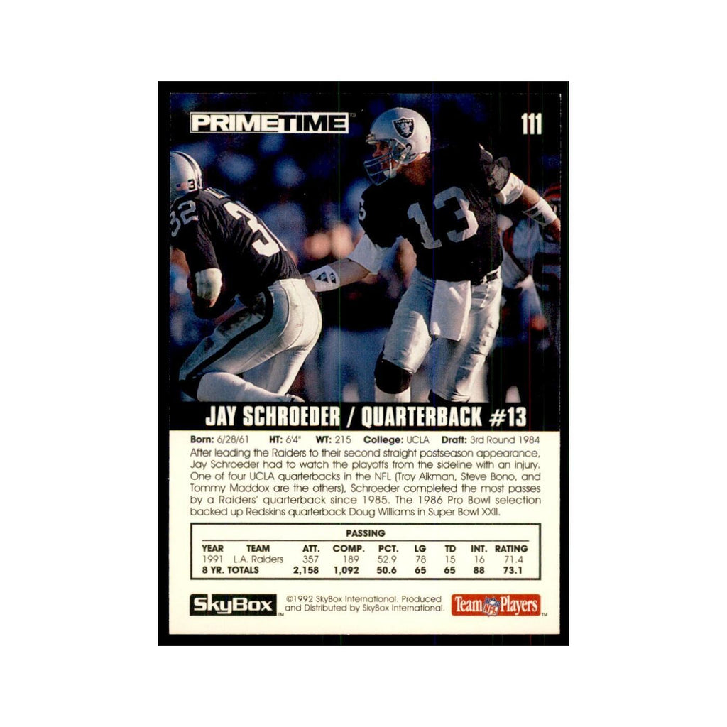 1992 SkyBox Primetime Jay Schroeder Los Angeles Raiders #111