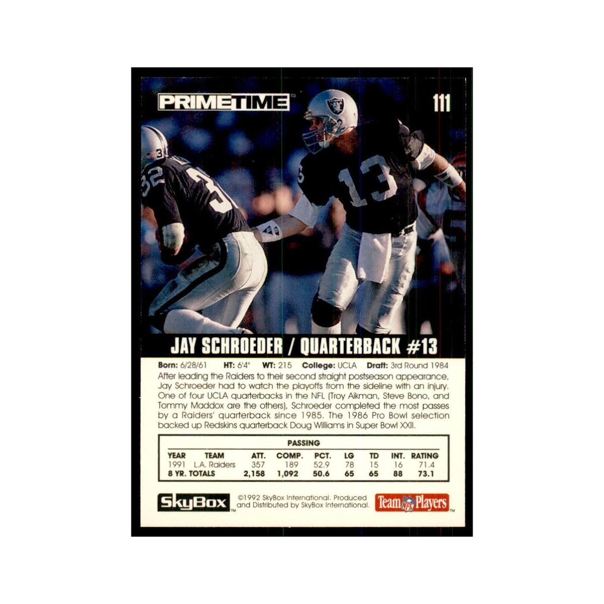 1992 SkyBox Primetime Jay Schroeder Los Angeles Raiders #111