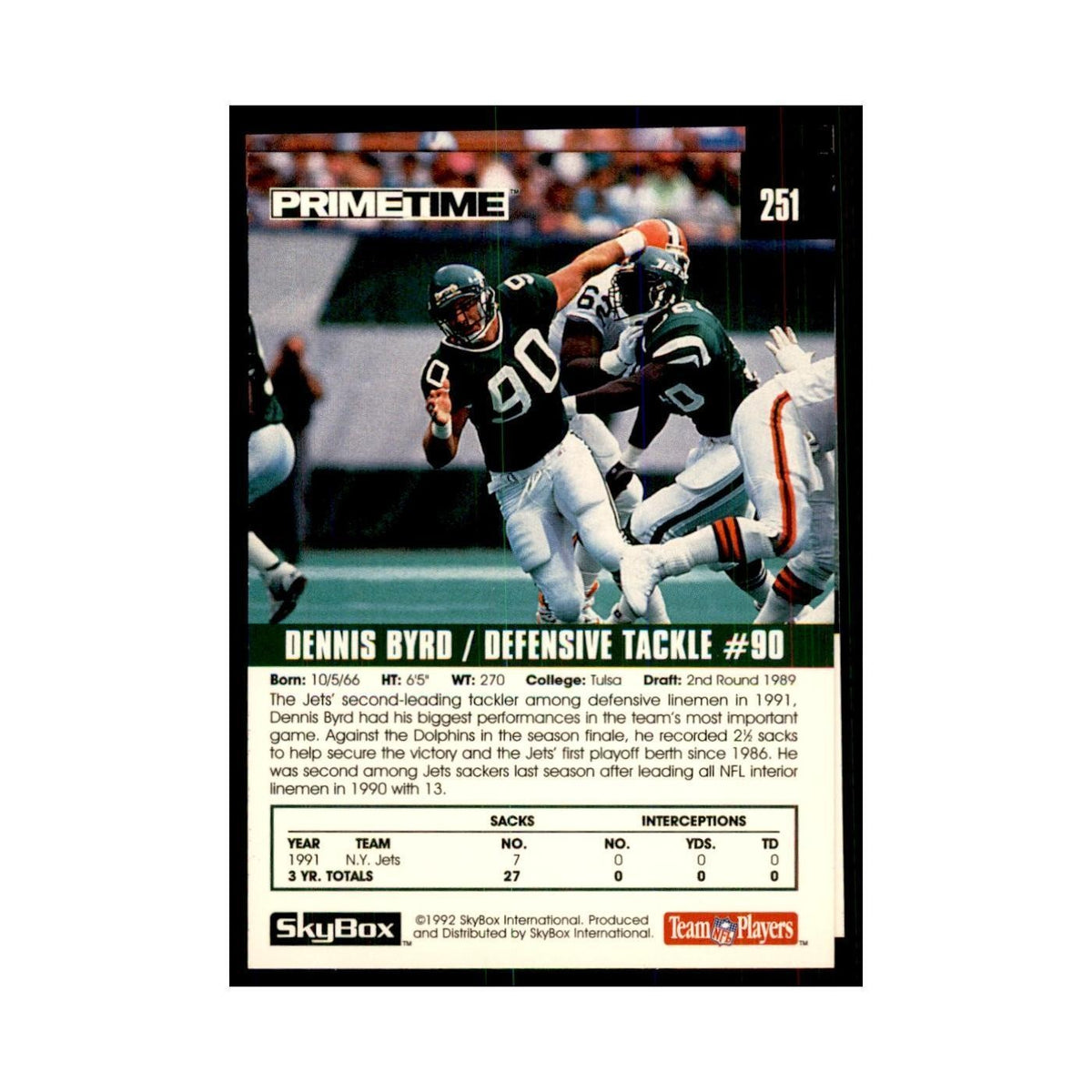 1992 SkyBox Primetime Dennis Byrd Jets #251