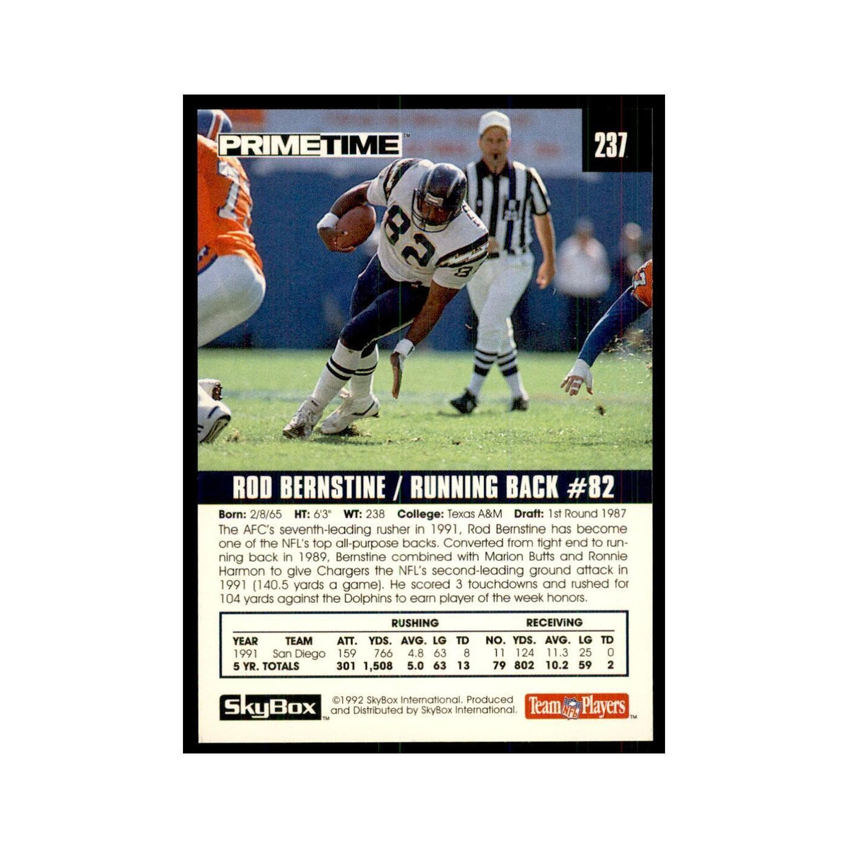 1992 SkyBox Primetime Rod Bernstine San Diego Chargers #237