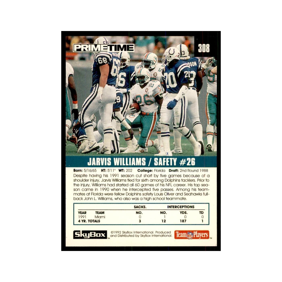 1992 SkyBox Primetime Jarvis Williams Dolphins #308