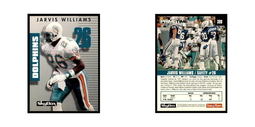 1992 SkyBox Primetime Jarvis Williams Dolphins #308