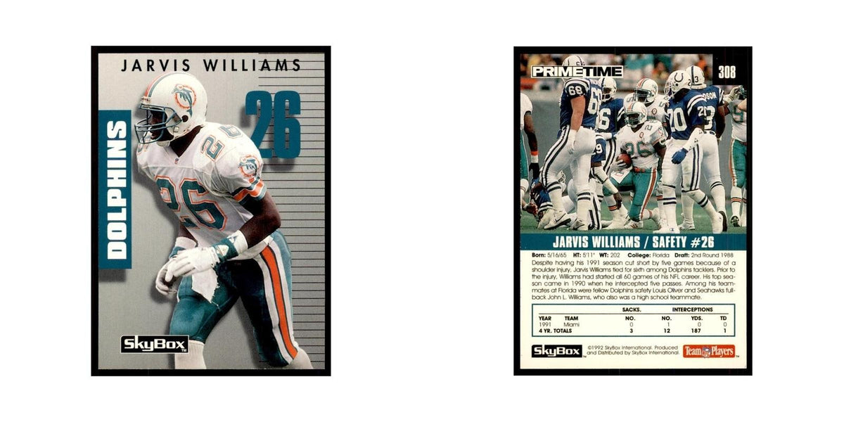 1992 SkyBox Primetime Jarvis Williams Dolphins #308