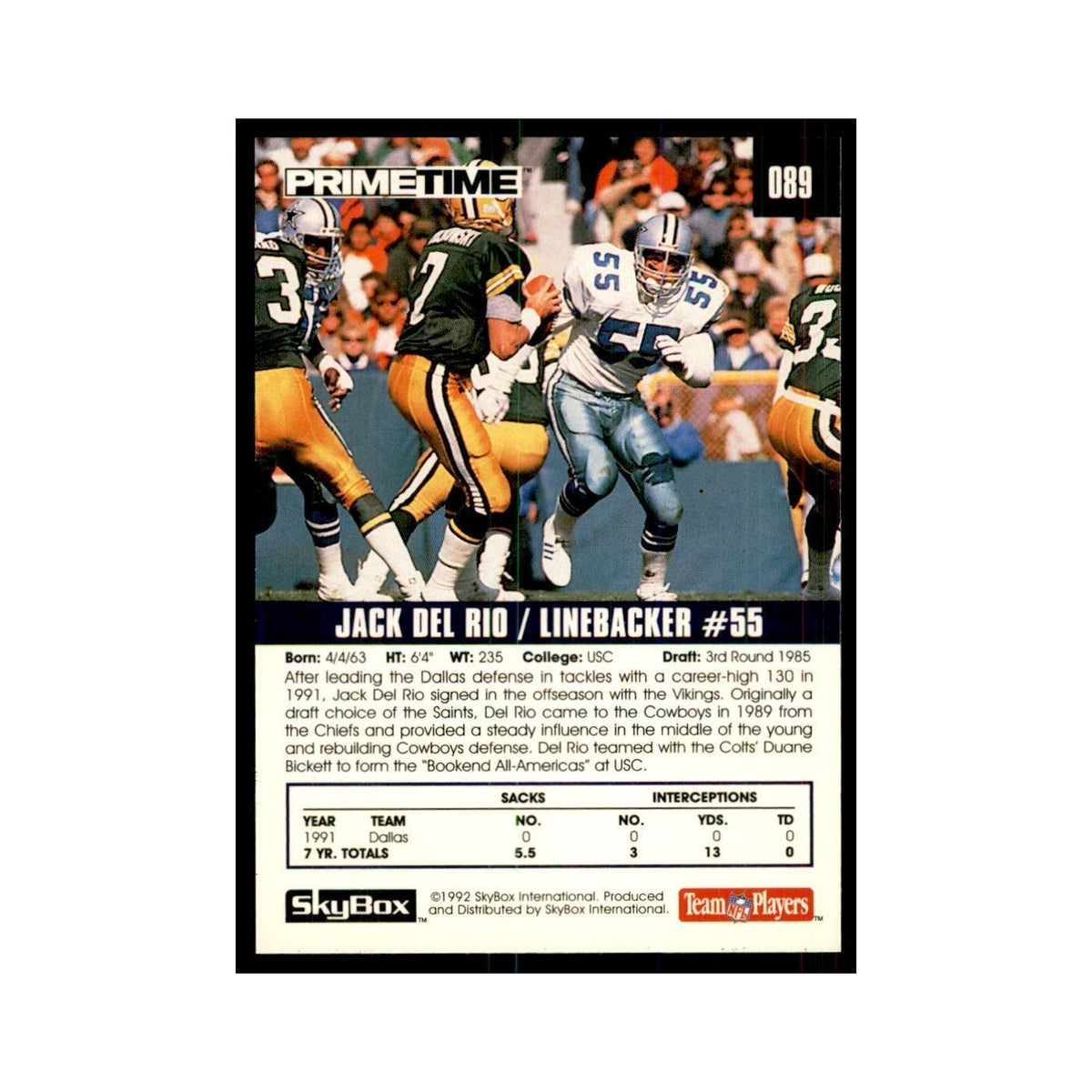 1992 SkyBox Primetime Jack Del Rio Vikings #89