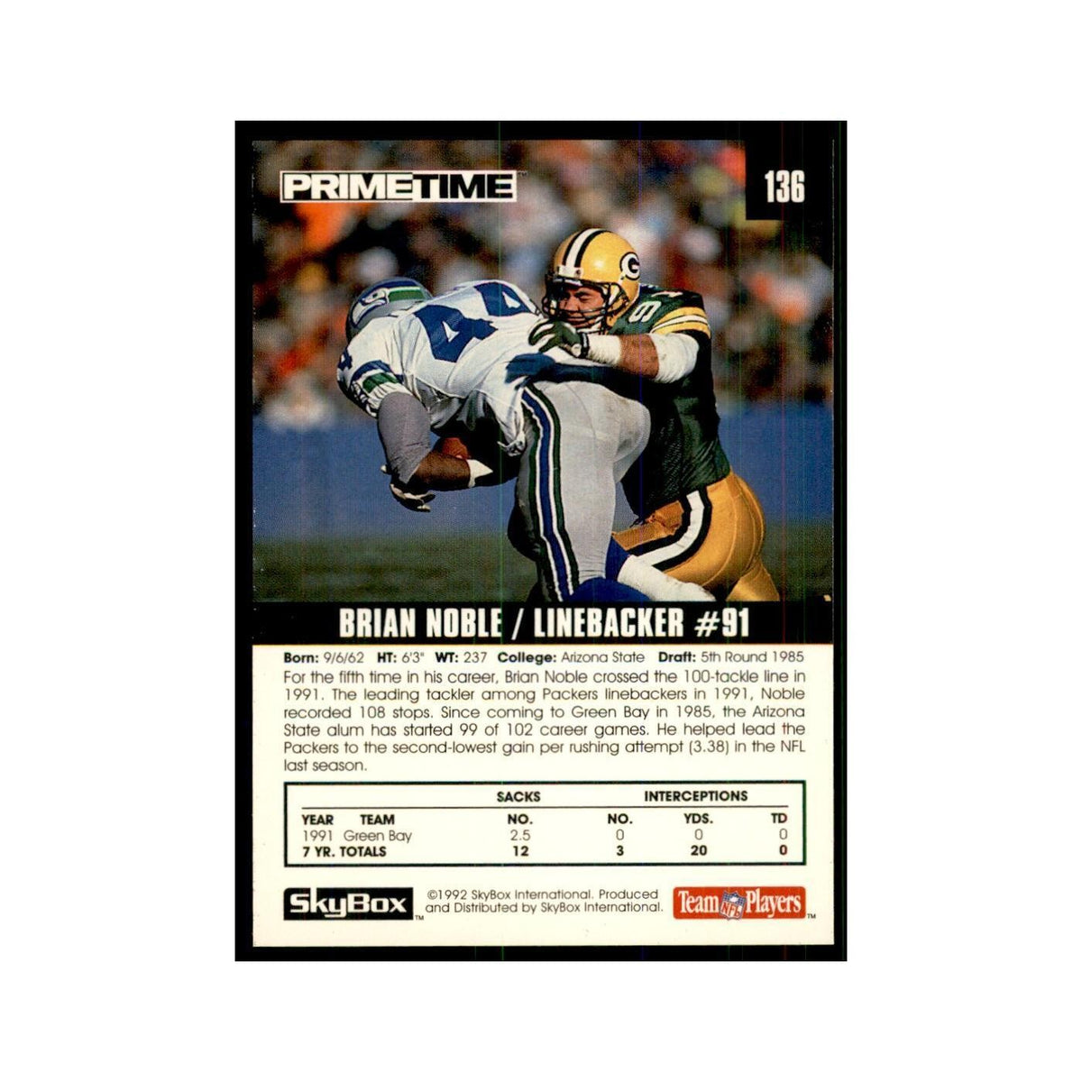 1992 SkyBox Primetime Brian Noble Packers #136
