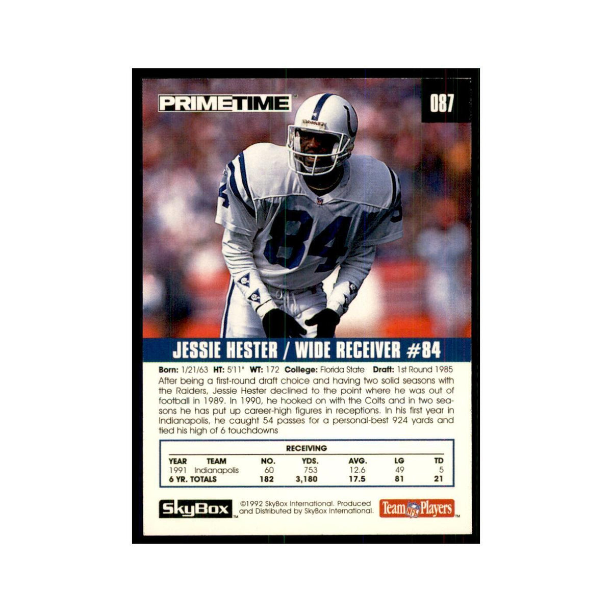 1992 SkyBox Primetime Jessie Hester Colts #87