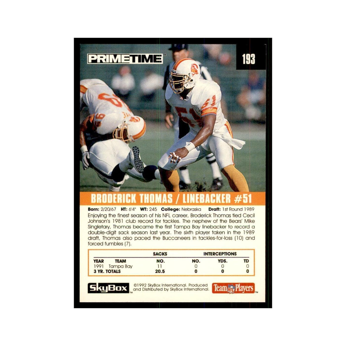 1992 SkyBox Primetime Broderick Thomas Buccaneers #193