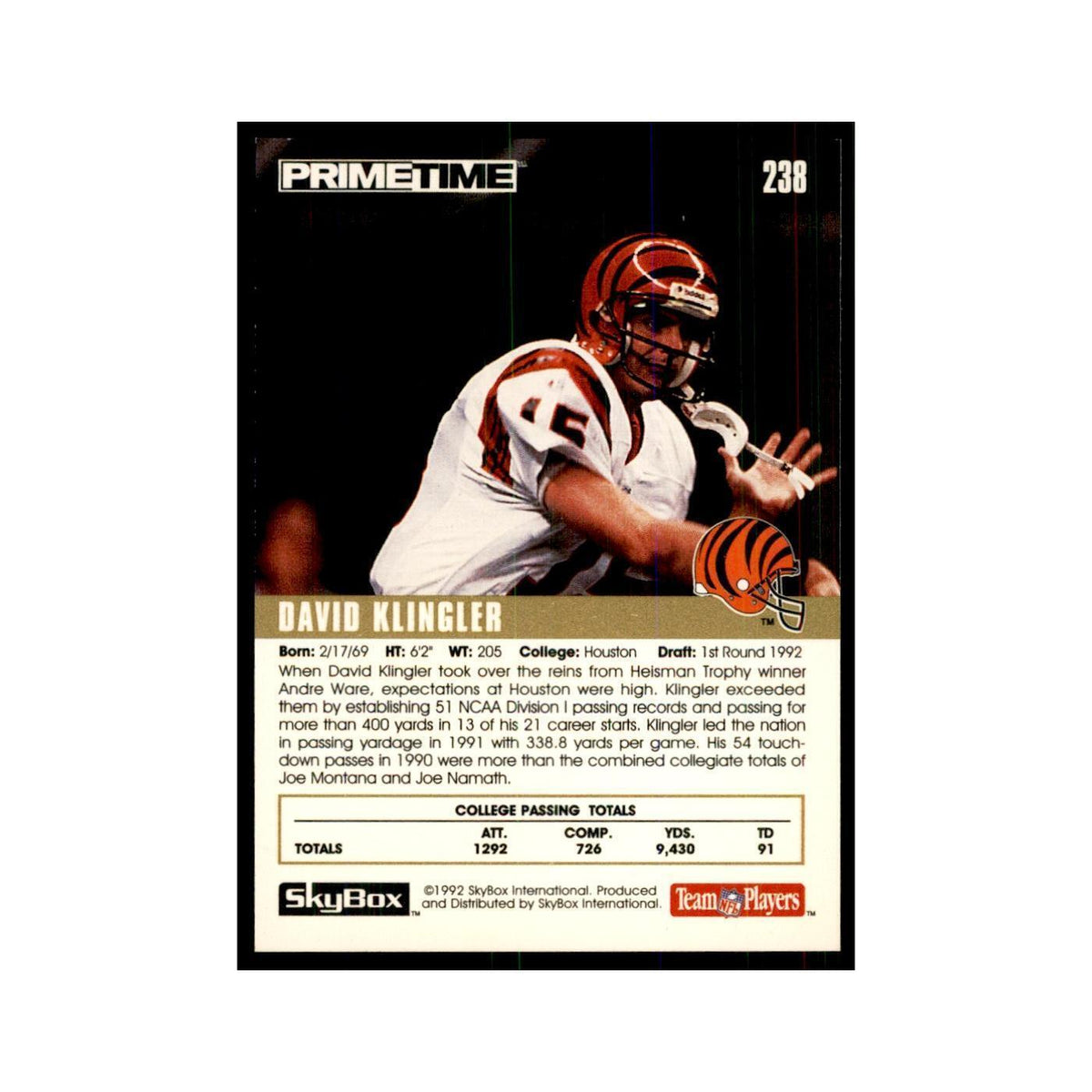 1992 SkyBox Primetime David Klingler RC Bengals #238