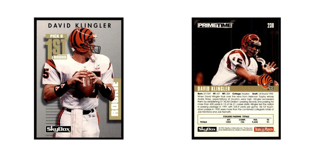 1992 SkyBox Primetime David Klingler RC Bengals #238
