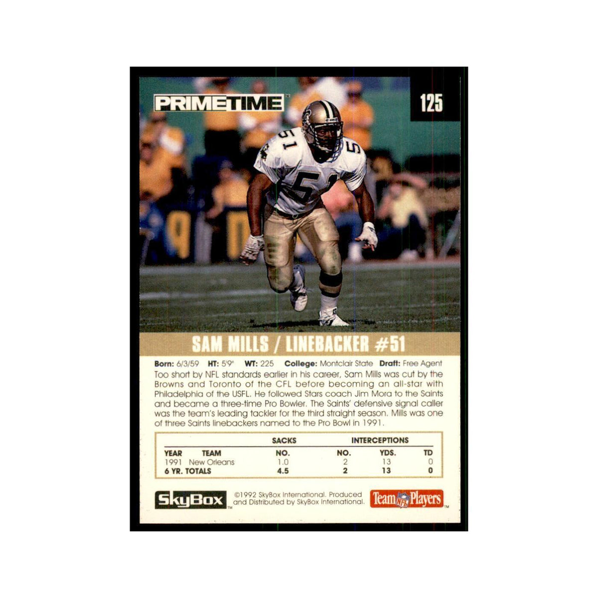 1992 SkyBox Primetime Sam Mills Saints #125