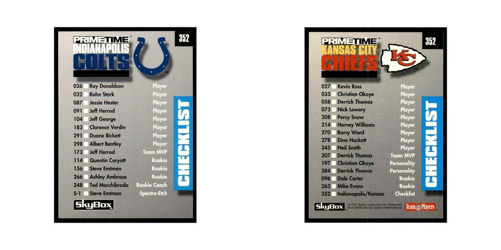 1992 SkyBox Primetime Checklist Colts #352