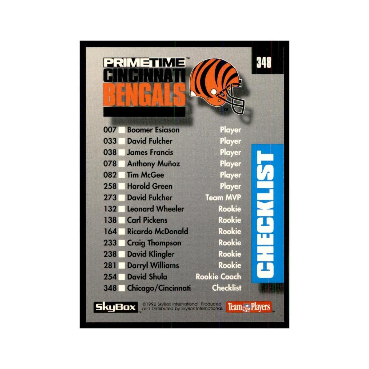 1992 SkyBox Primetime Checklist Chicago Bears/Cincinnati Bengals #348