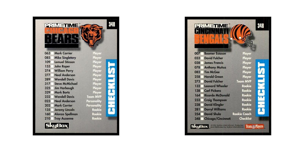 1992 SkyBox Primetime Checklist Chicago Bears/Cincinnati Bengals #348