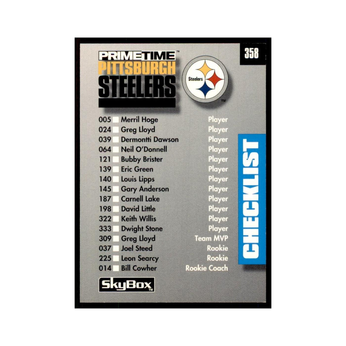 1992 SkyBox Primetime Checklist Steelers #358