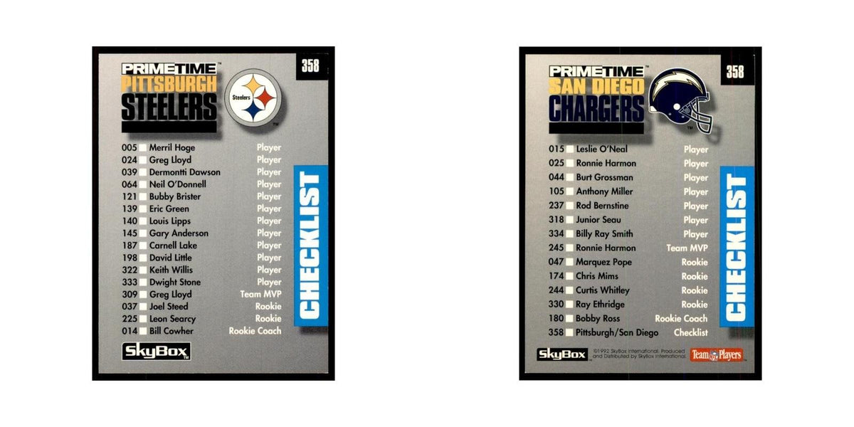 1992 SkyBox Primetime Checklist Steelers #358